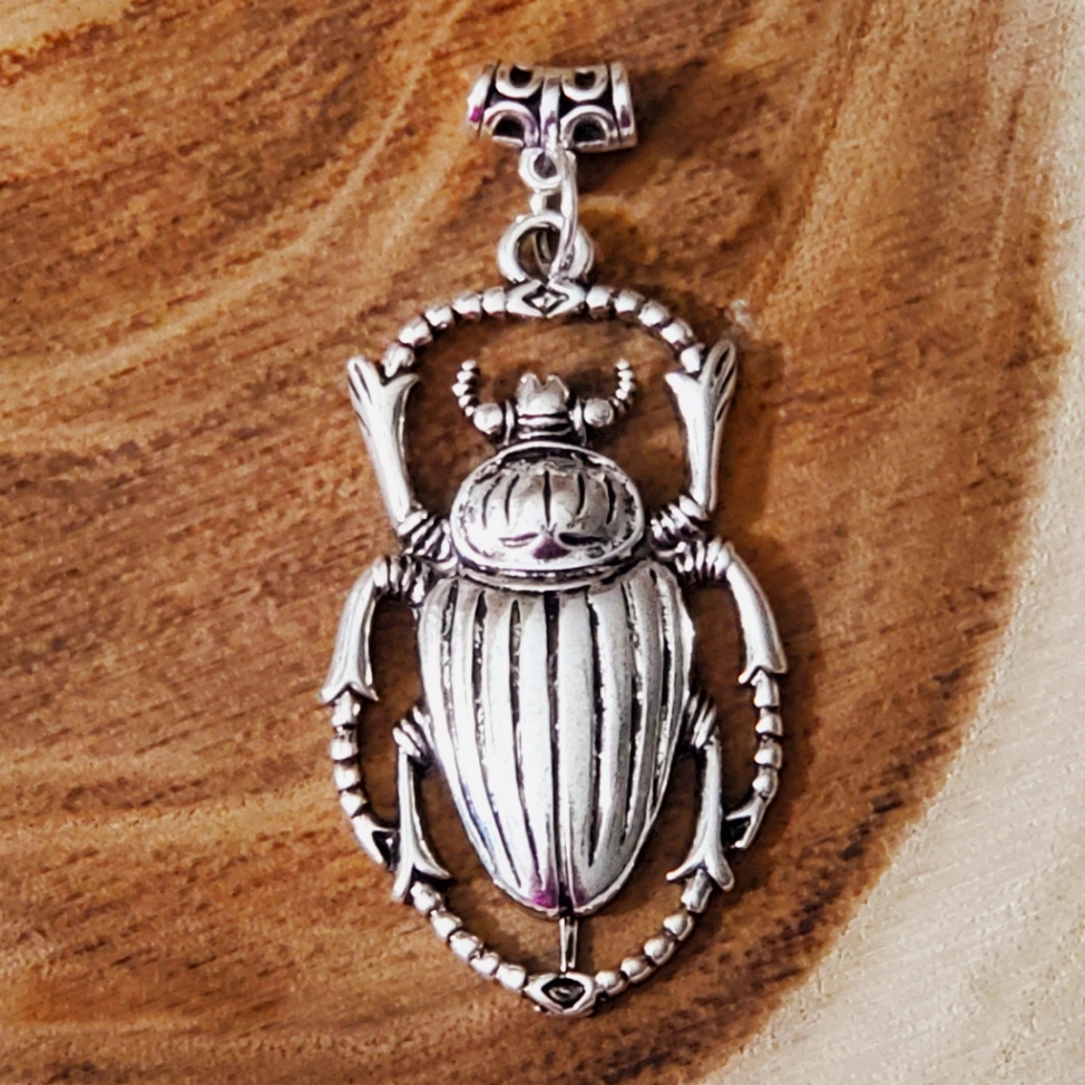 Scarab Beetle Bug Necklace Pendant Big Handmade Silver Egyptian Vintage Style